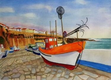 Schilderij getiteld "Ericeira (Portugal)" door Inês Dourado, Origineel Kunstwerk, Aquarel