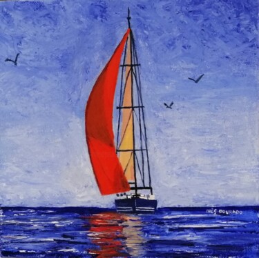Pintura intitulada "Vermelho sobre azul…" por Inês Dourado, Obras de arte originais, Óleo