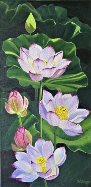 Painting titled "Flores de Lótus" by Inês Dourado, Original Artwork, Acrylic Mounted on Wood Stretcher frame