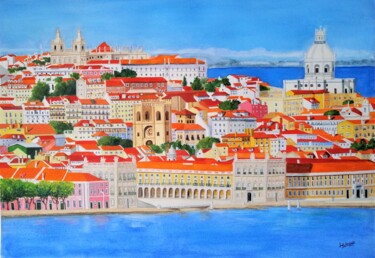 Painting titled "Lisboa de Cor e Luz" by Inês Dourado, Original Artwork, Watercolor