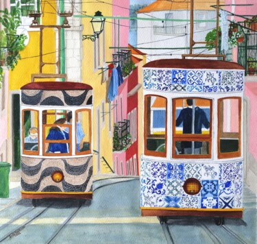 Painting titled "Os Elevadores da Ca…" by Inês Dourado, Original Artwork, Watercolor