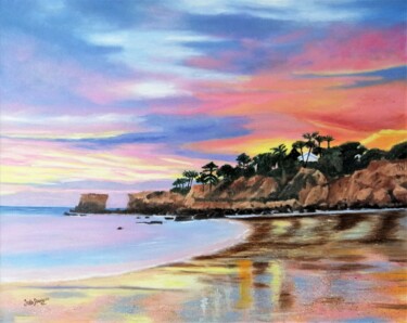Pintura intitulada "Por-do-sol na praia…" por Inês Dourado, Obras de arte originais, Óleo