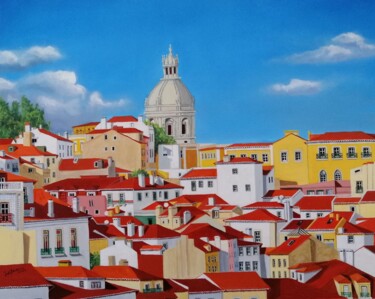 Malarstwo zatytułowany „Lisboa Luminosa e C…” autorstwa Inês Dourado, Oryginalna praca, Olej Zamontowany na Drewniana rama n…
