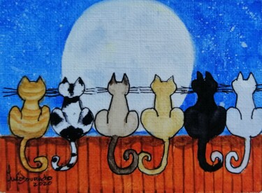 Schilderij getiteld "Gatos aluados" door Inês Dourado, Origineel Kunstwerk, Olie