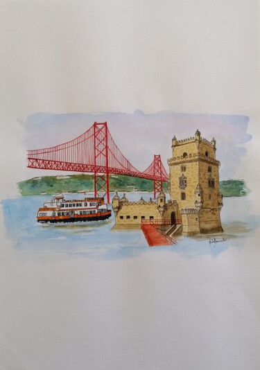 Painting titled "Torre de Belém III,…" by Inês Dourado, Original Artwork, Watercolor