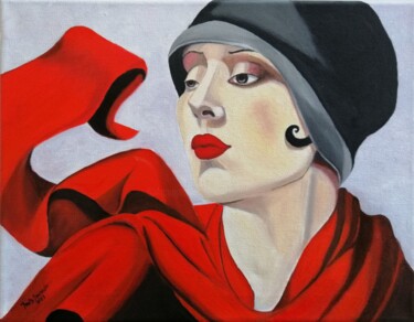 Painting titled "A Mulher de Vermelh…" by Inês Dourado, Original Artwork, Oil Mounted on Wood Stretcher frame