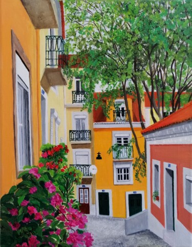 Painting titled "Beco da India, Lisb…" by Inês Dourado, Original Artwork, Oil Mounted on Wood Stretcher frame