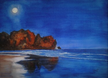 Painting titled "Luar na Praia dos 3…" by Inês Dourado, Original Artwork, Watercolor