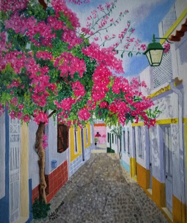 Peinture intitulée "Uma Rua florida de…" par Inês Dourado, Œuvre d'art originale, Huile Monté sur Châssis en bois