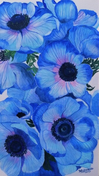 绘画 标题为“Anémonas azuis” 由Inês Dourado, 原创艺术品, 水彩