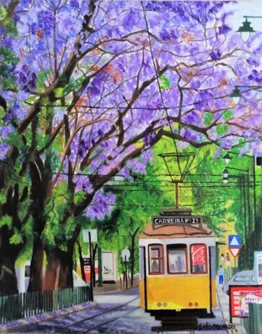 Painting titled "Jacarandás de Lisboa" by Inês Dourado, Original Artwork, Oil Mounted on Wood Stretcher frame