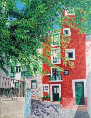 Painting titled "BECO dos FRÓIS, Alf…" by Inês Dourado, Original Artwork, Oil Mounted on Wood Stretcher frame