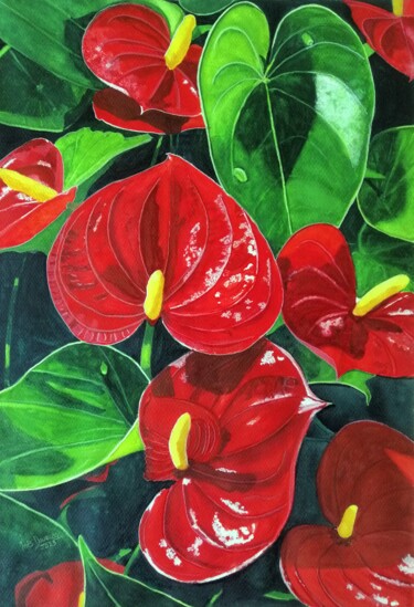 Картина под названием "Antúrios Vermelhos" - Inês Dourado, Подлинное произведение искусства, Акварель