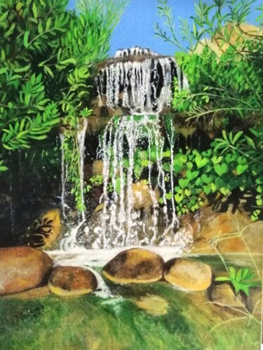 Painting titled "Cascata no Parque d…" by Inês Dourado, Original Artwork, Oil Mounted on Wood Stretcher frame