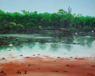 Painting titled "Flamingos nas Ilhas…" by Inês Dourado, Original Artwork, Oil