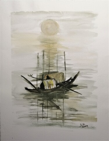 Painting titled "Pescando ao pôr-do-…" by Inês Dourado, Original Artwork, Watercolor