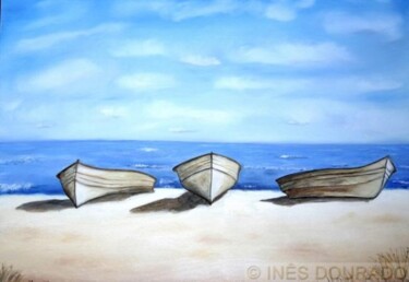 Pintura intitulada "Barcos numa praia q…" por Inês Dourado, Obras de arte originais, Óleo