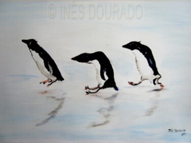 Painting titled "Pinguins patinadore…" by Inês Dourado, Original Artwork, Watercolor