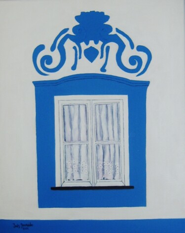 Painting titled "A Janela Azul, Mess…" by Inês Dourado, Original Artwork, Acrylic Mounted on Wood Stretcher frame