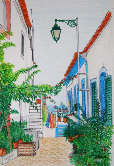 Malerei mit dem Titel "O Recanto Azul e Ve…" von Inês Dourado, Original-Kunstwerk, Gel Stift