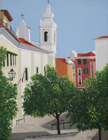 Painting titled "Largo de S.Miguel (…" by Inês Dourado, Original Artwork, Acrylic Mounted on Wood Stretcher frame