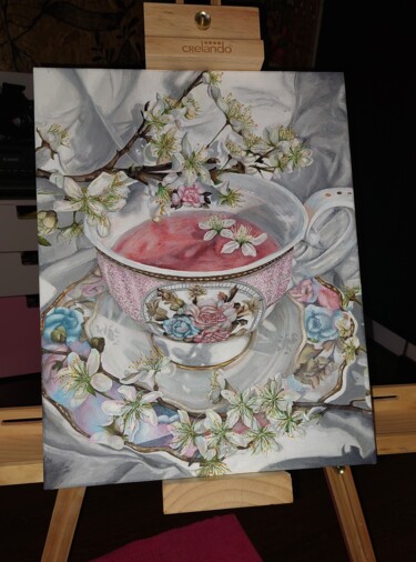Pintura intitulada "Chávena de chá" por Inês Monteiro, Obras de arte originais, Acrílico Montado em Painel de madeira
