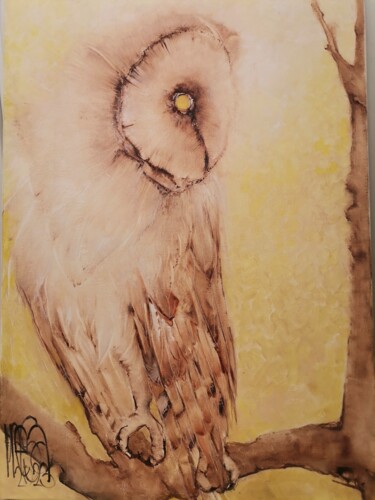 Painting titled "owl yellow" by Inesa Mur, Original Artwork, Oil