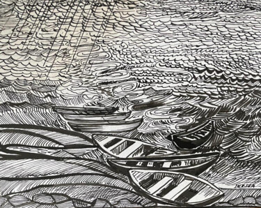 Drawing titled "Boats" by Inessa Dubova, Original Artwork, Ink
