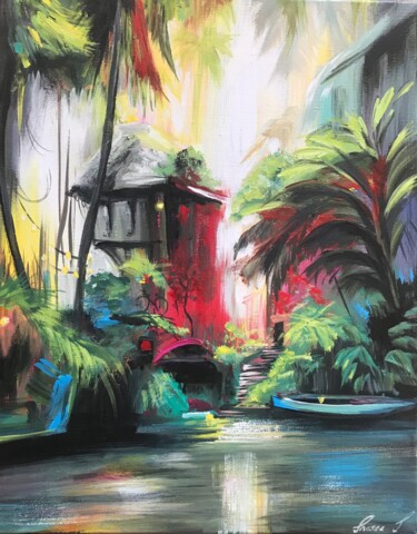 Painting titled "Shanty village by t…" by Inessa Ivascanin, Original Artwork, Acrylic Mounted on Wood Stretcher frame