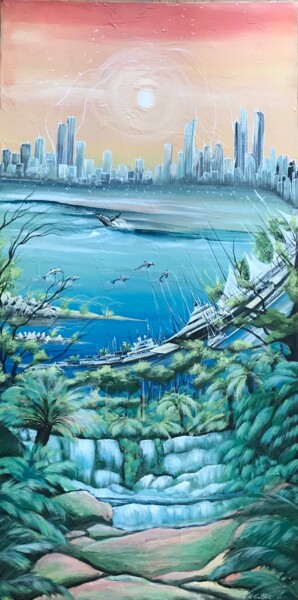 Peach dusk of the tropics Painting titled "Peach dusk of the t…" by Inessa Ivascanin, Original Artwork, Acrylic Mounted on Wood Stretcher frame