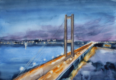 Painting titled "Bridge At Sunset" by Inessa S, Original Artwork, Watercolor