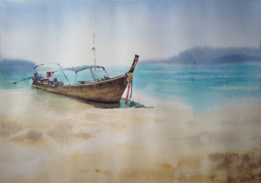 Peinture intitulée "Boat on the Coast" par Inessa S, Œuvre d'art originale, Aquarelle