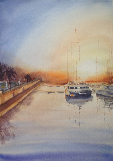 Malerei mit dem Titel "Sunset at the pier" von Inessa S, Original-Kunstwerk, Aquarell