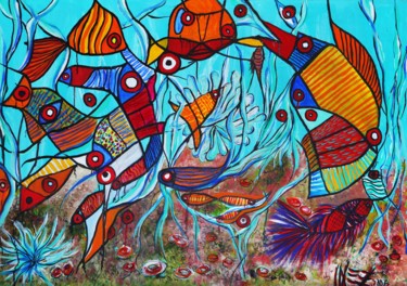 Painting titled "Peixes I" by Inezpagnocelli, Original Artwork, Acrylic Mounted on Wood Panel