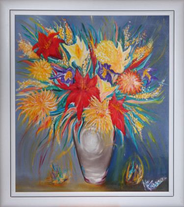Painting titled ""VASO COM FLORES l "" by Inezpagnocelli, Original Artwork, Acrylic Mounted on Wood Stretcher frame