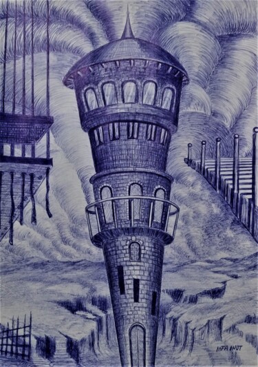 Dibujo titulada "VOLANDO VEO EL FARO" por Infa Inot, Obra de arte original, Tinta