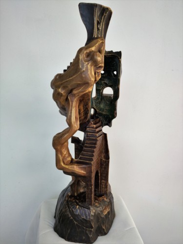 Sculptuur getiteld "Mascara del poder-5" door Infa Inot, Origineel Kunstwerk, Hout