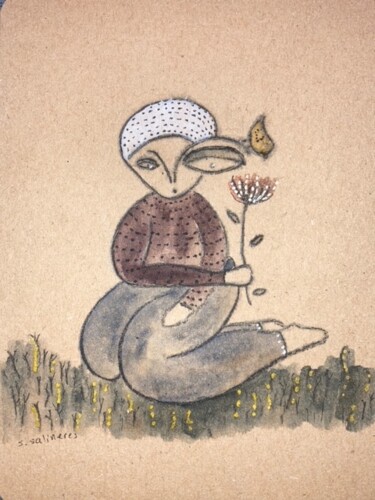 Desenho intitulada "La fleur et l'oiseau" por Stéphanie Salinères, Obras de arte originais, Aquarela