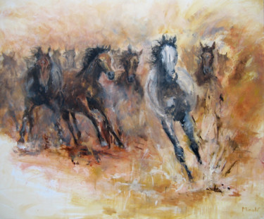 Schilderij getiteld "Aanstormende paarden" door Saskia Minoli, Origineel Kunstwerk, Acryl