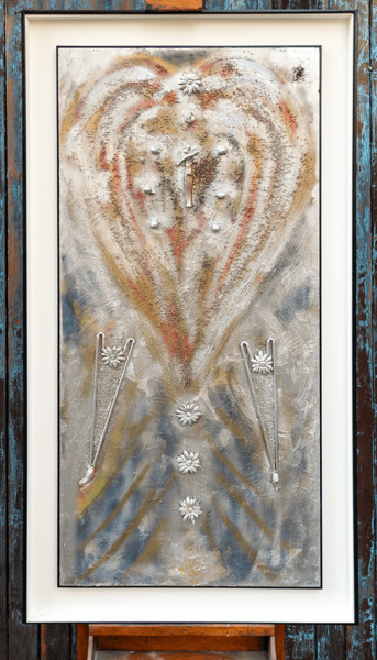 Κολάζ με τίτλο "Cuori" από Beatrice Roman, Αυθεντικά έργα τέχνης, Κολάζ Τοποθετήθηκε στο Ξύλινο φορείο σκελετό