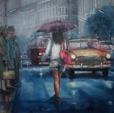 Painting titled "LLUVIA EN BUDAPEST" by Juan Francisco Gomez Cambronero, Original Artwork, Oil Mounted on Wood Panel