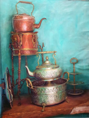 Painting titled "TÉ EN RABAT" by Juan Francisco Gomez Cambronero, Original Artwork, Oil Mounted on Wood Panel