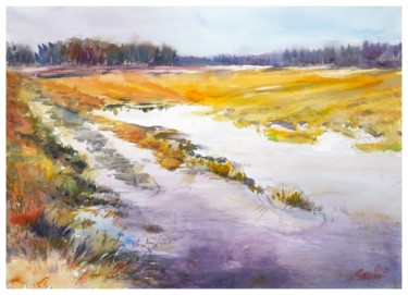 Painting titled "Wiosenny krajobraz" by Drazek, Original Artwork, Watercolor