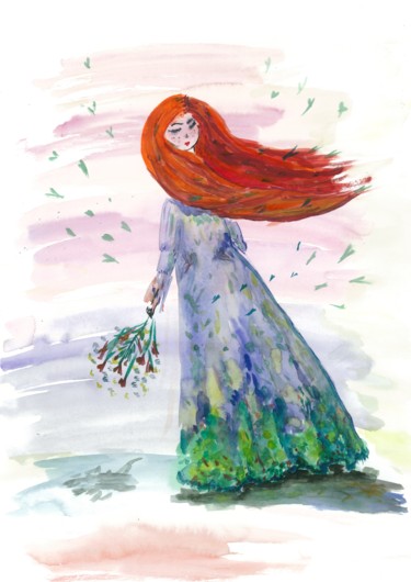 Картина под названием "Red hair girl" - Olga Zavyalova, Подлинное произведение искусства, Акварель