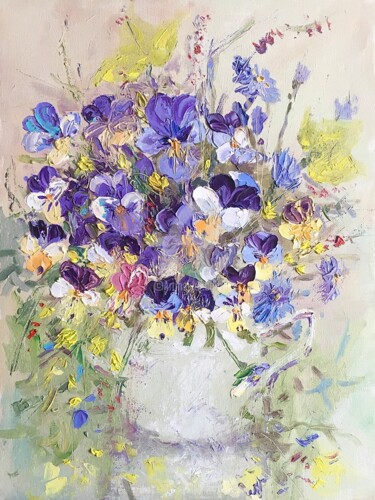 Painting titled "Spring Flowers" by Inga Jurane, Original Artwork, Oil Mounted on Cardboard