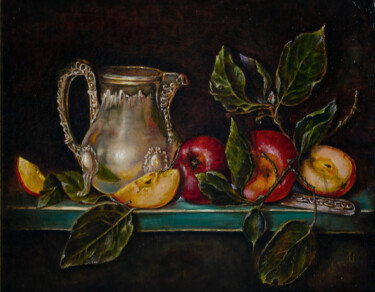 Painting titled "Silver jug with app…" by Inga Loginova, Original Artwork, Oil Mounted on Wood Stretcher frame