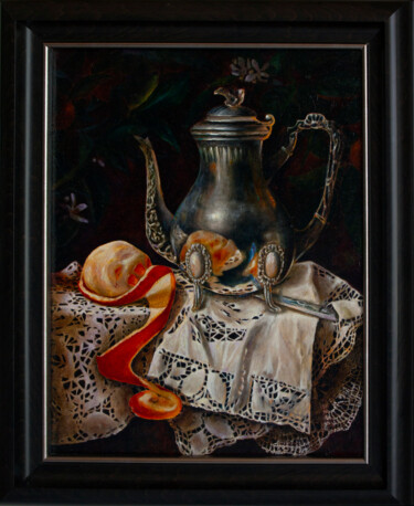 Painting titled "Silver coffee pot w…" by Inga Loginova, Original Artwork, Oil Mounted on Wood Stretcher frame