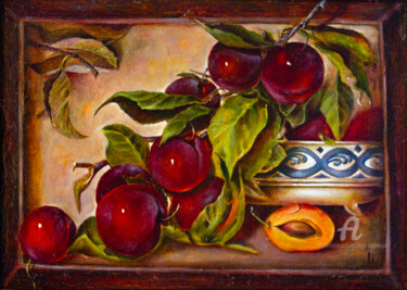 Painting titled "A branch of red plu…" by Inga Loginova, Original Artwork, Oil