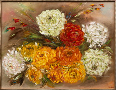 Malarstwo zatytułowany „Chrysanthemums” autorstwa Inga Loginova, Oryginalna praca, Olej Zamontowany na Drewniana rama noszy