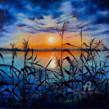 Malerei mit dem Titel "Sunset on the river…" von Inga Loginova, Original-Kunstwerk, Öl